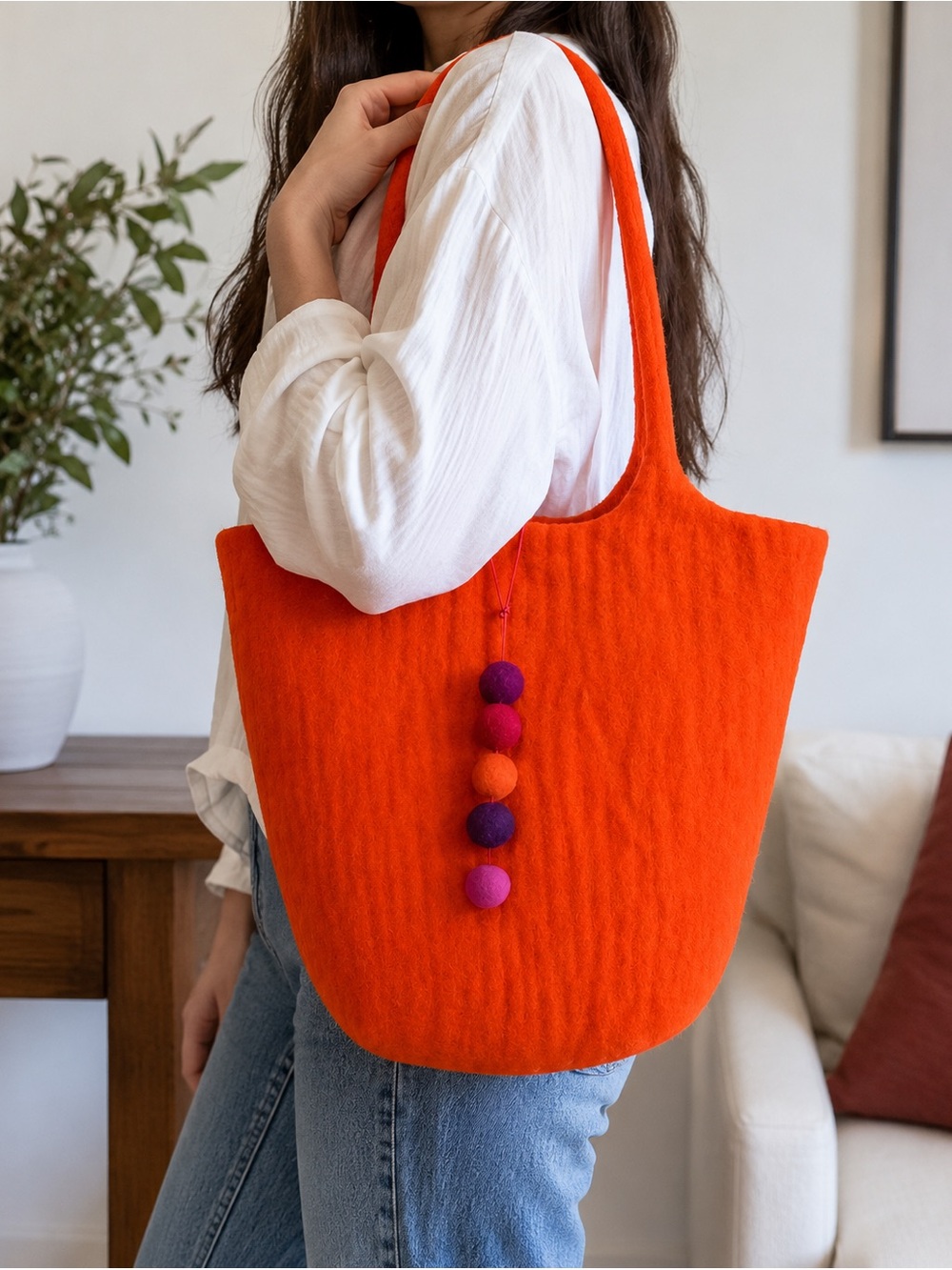 Handmade Orange Felt Tote Bag with Pom-Pom Accent